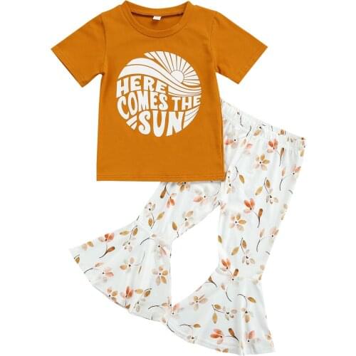 2-6Years Toddler Baby Girl’s T-shirt and Trousers Suit Letter Short-sleeved Tops Flower Trumpet Long Pants