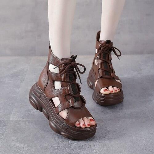 Leather Slope with Roman High-top Thick-soled Sports Sandals Summer New Female Fish Mouth Hollow Platform Toe Layer Cowhide