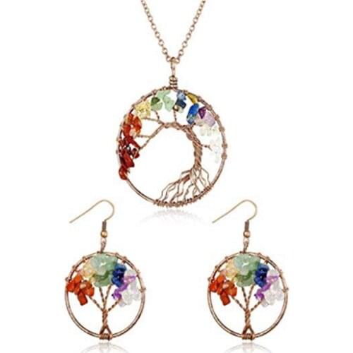 FYSL Copper Wire Wrap Tree of Life Rainbow Stone Pendant Drop Earrings Healing Chakra Plant Jewelry Set