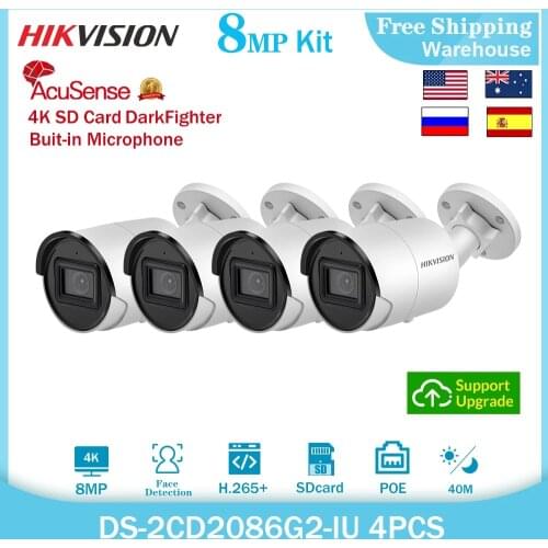 Hikvision 4K 8MP IP Camera DS-2CD2086G2-IU Acusense Bulit-in Mic SD Card IP67 POE Mini CCTV Surveillance Video Bullet Camera kit