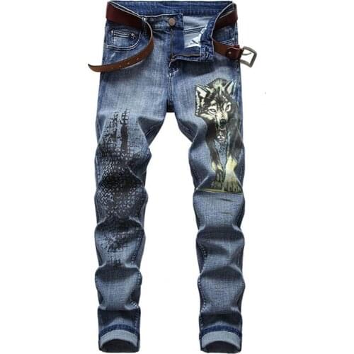 KIOVNO Men Fashion Painted Jeans Pants Wolf Printed Slim Denim Trousers For Male Size 28-42