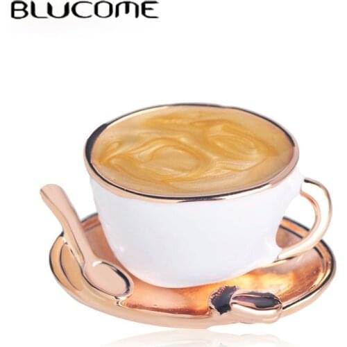 Blucome Fashion Coffee Cup Spoon Disc Shape Brooches White Enamel Gold Color Brooch Pins Women Men Clothes Suit Coat Accessories