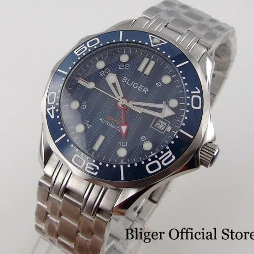BLIGER Sea Blue 41mm Automatic Men Watch GMT MINGZHU 3804 Steel Bracelet Ceramic Insert Screw Crown Flat Sapphire