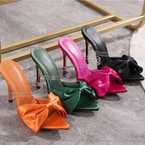 Luxury Design Slides Women 11.5cm High Heels Pointed Toe Mules Fetish Summer Sandals Lady Heels Slipper Bowknot Stripper Shoes