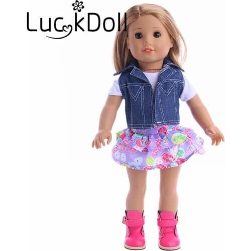 New Arrivals Cowboy Vest T-shirt Plus Pattern Skirt 18-Inch American Doll, Best Gift for Children