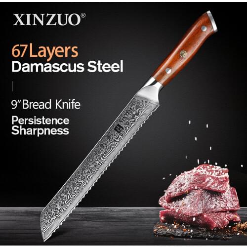 XINZUO 9''inch Bread Knife Damascus Steel VG10 Damascus Steel Blade Sawtooth Knives Kitchen Knife with Rosewood Handle