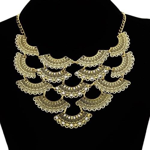 Ldealway Wholesale Big Sale New Fashion Vintage Gold Statement Necklace Multilayer Fan-shaped Rhinestone Flower Choker Necklaces