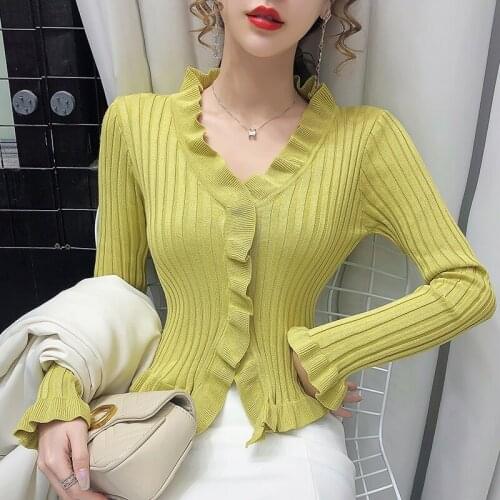 Autumn Winter 2020 Women Long Sleeve Ruffle V Neck Tight Stretch Ribbed Women Sweaters Casual Korean Clothes Hiver Truien Dames