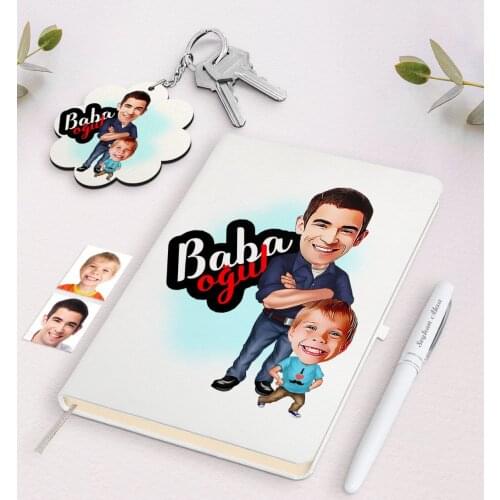 Personalized Father Son Caricature Of White Notebook pen And Keychain Gift Seti-5 Daily souvenir Gift Moment Reliable design