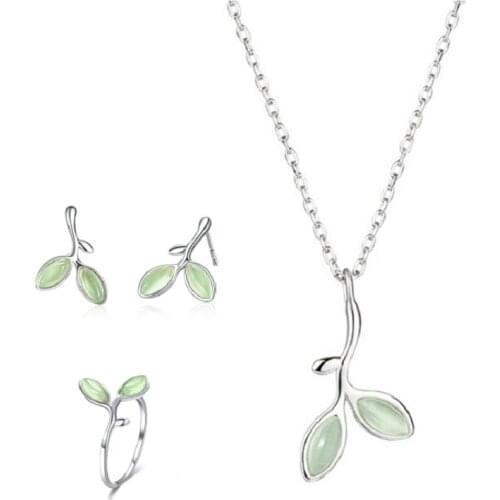 Simple Small Fresh Silver With Green Stone Leaf Earrings