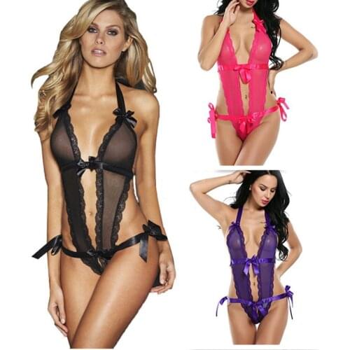Sexy Lingerie open crotch With Bow Black Lace bodysuits crotchless babydoll teddy porno Erotic underwear sex Costumes Sleepwear
