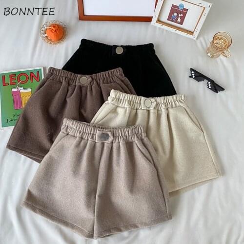 Shorts Women Elastic Pockets Wide-leg Loose Trousers All-match Korean Style Leisure Chic Elegant Wool Winter Button New Female