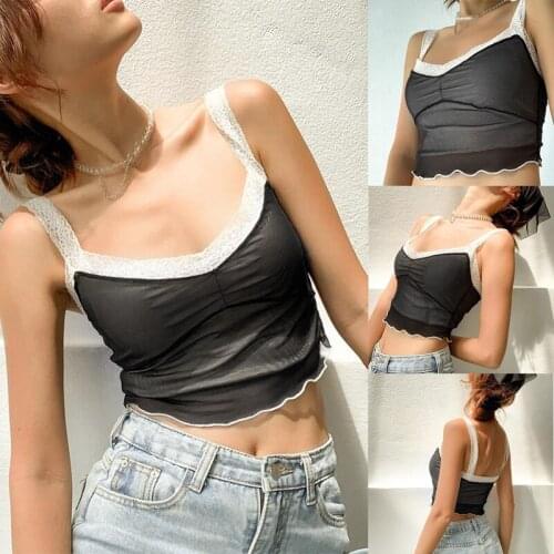 Summer Women Sexy V Neck Lace Mesh Patchwork Tank Tops Double Layers Sleeveless Camisole Cute Crop Top