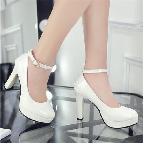 Spring Autumn Woman Ankle Strap Pumps White Wedding Shoes Women Dress Shoes Ladies High Heels Party Boat Shoes zapatos mujer