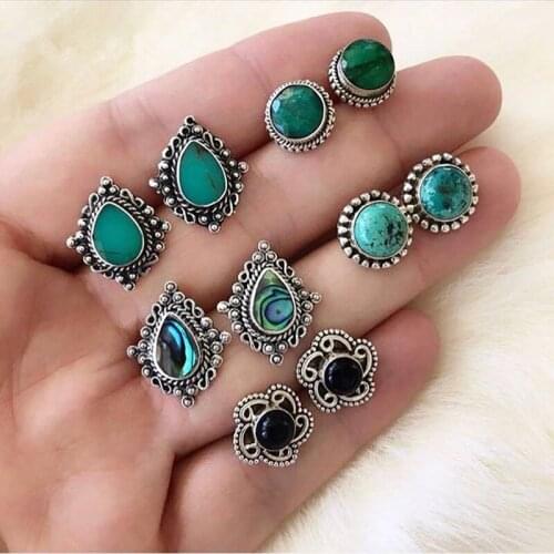 5 Pairs/Set Vintage Black Green Stone Earrings Set for Woman Crystal Geometric Stud Earring Boho Jewelry