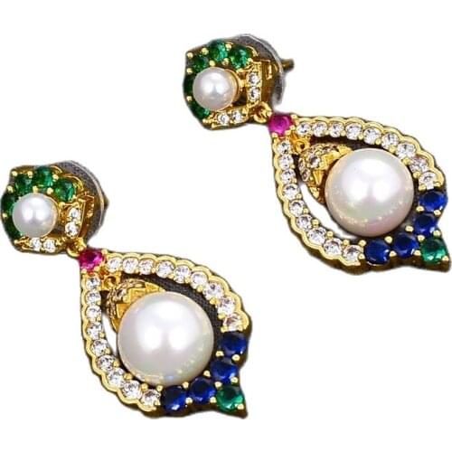 JK White Round Shell Pearl Cz Pave Insect Gold Plated Crystal Dangle Stud Earrings