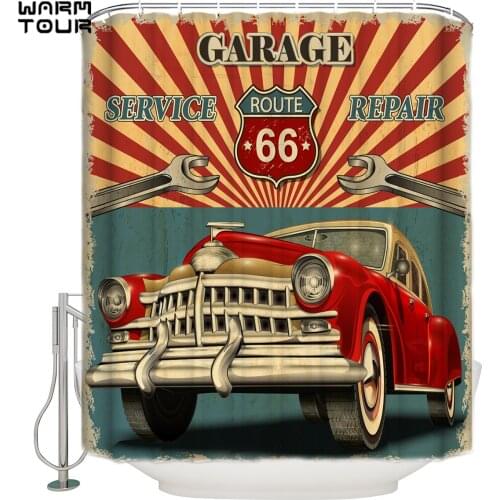 WARMTOUR Shower Curtain Classic Poster Retro Car Route 66 Waterproof Shower Curtain Bathroom Decor