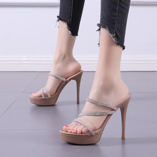 Ladies Sandals PVC Transparent Rhinestone Hight Heels Sandals 12cm Heeled Slippers Casual Platforms Shoes Femmes Sandales