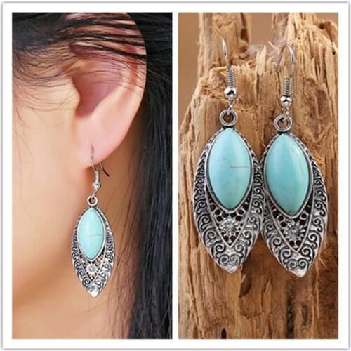 2019 New earring Hollow Leaves fish hook silver earring with turq stone and crystal vintage hoop earrings for women jewelry Hot