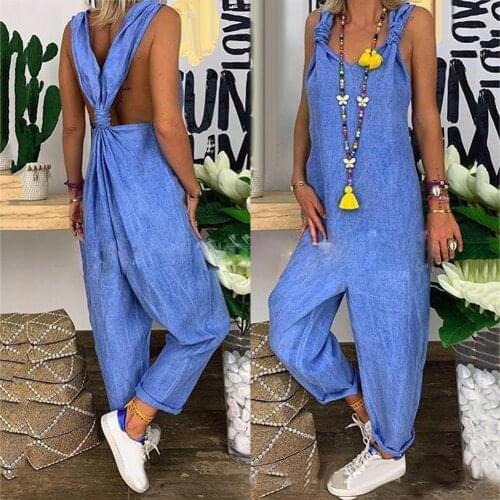 Autumn summer women Jumpsuits Solid Color Bib Overall Sleeveless Backless Knotted Jumpsuit Dungarees Sleeveless Romper Overalls
