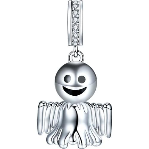 100% 925 Sterling silver Cute ghost pendant beads CZ charms fit European bracelet for Women Halloween party Jewelry gift