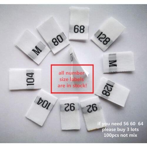 100pcs White polyester European cloth number size label dress clothing size44 50 56 62 68 74 80 86 92 98 104 110 116 122 128 134