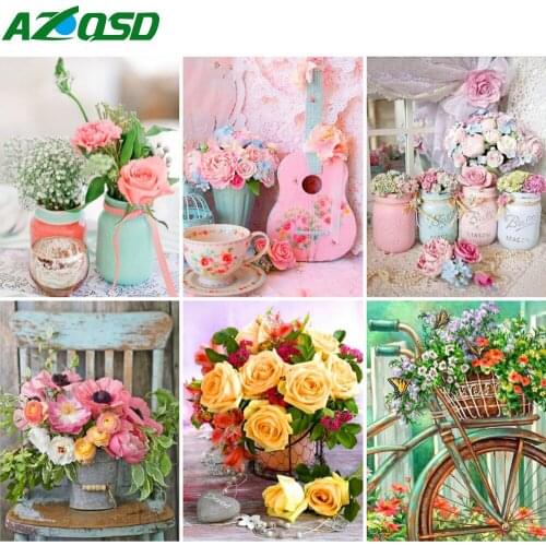 AZQSD Full Drill Diamond Painting Rose Bicycle Cross Stitch Rhinestone Handmade Diamond Embroidery Flower Mosaic Home Decoration