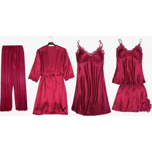 B1+67+4A3 Silk Women Pajama Sets Lace Sleepwear Ladies 5-Piece Solid Color Robe Sets Womens Underwear Lingerie671c-1