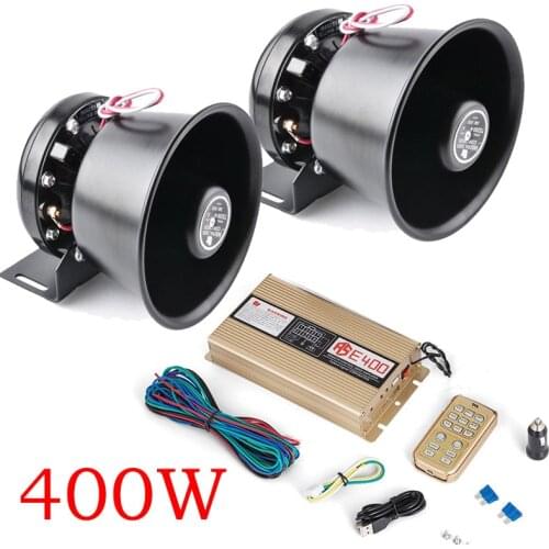 400W Siren Speaker Car Police Siren Black Round Cone Speaker 16 Tones 12V with Siren Box Speaker Wireless Remote Microphone
