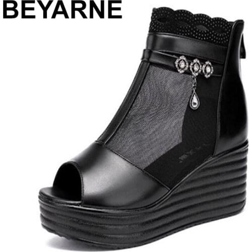 BEYARNE Wedge heel high heel gauze cold boots for women summer new thick soles hollow breathable large size fish mouth sandals