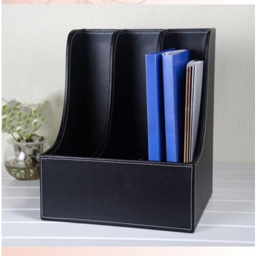 Curve 3-slot wood leather desk A4 file book document box shelf container filing organizer holder black 220A