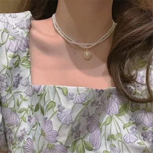 Elegant Female Double Layer Pearl Necklace Silver Color Chain Pendant Choker Jewelry Accessories