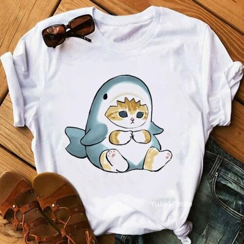 Funny Dolphin Cat Animal Print T-Shirt WomenS Clothing Harajuku Kawaii Clothes Summer Fashion Tshirt Femme White Casual T Shirt