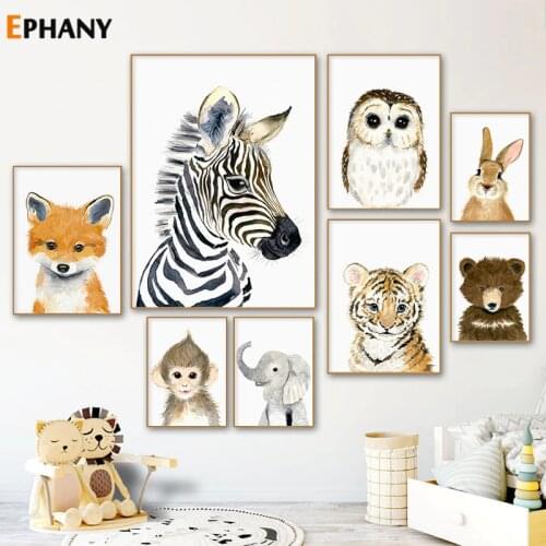 Kid Nursery Canvas Painting Elephant Zebra Rabbit Watercolor Animal Posters and Prints Owl Giraffe Wall Pictures for Baby Room