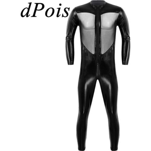 Mens Bodysuit PVC Leather Wet Look High Neck Long Sleeves Zipper Front Mesh Splice Full Body Leotard Unisex Womens One Piece