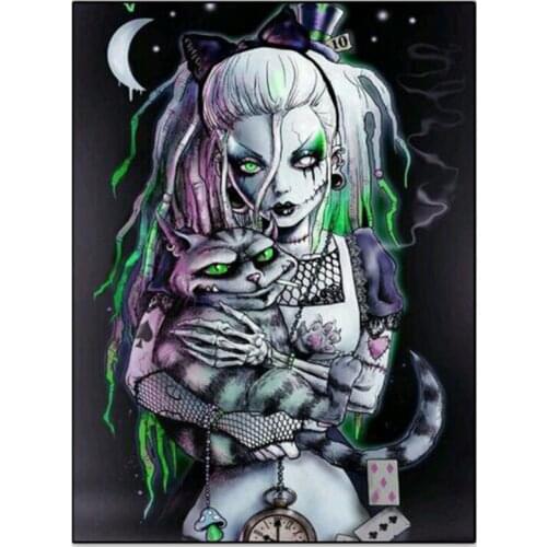 5D DIY Full Drill Square Set Skull Girl and Cat Horror Picture Mosaic Embroidery Cross Stitch Kit Diamond Painting FC589