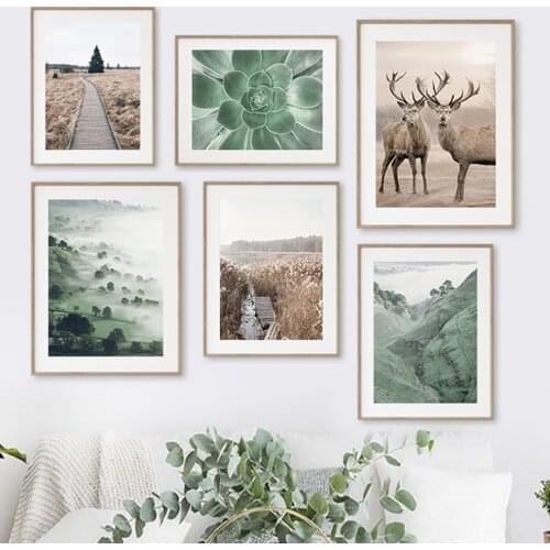 Deer Tree Lake Forest Reeds Succulents Wall Art Canvas Painting Nordic Posters And Prints Wall Pictures For Living Room Decor