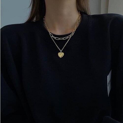 Gold Color Heart Pendant Necklace for Women Double Chains 2021 Fashion Jewelry Layered Necklaces Clavicle Chain Simple New