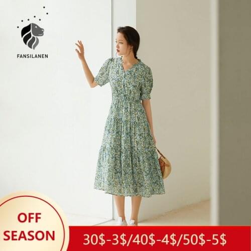 FANSILANEN Office Lady French Floral Dress Women Summer 2021 New Sweet High-Waisted Long Skirt Woman Dress Long Sleeve Dress