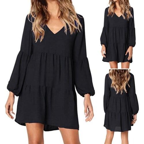 Casual Sexy Dress Spring Summer Nice New Fashion Women Solid Lantern Long Sleeve Party Dress V-neck Draped Knee-length Dress