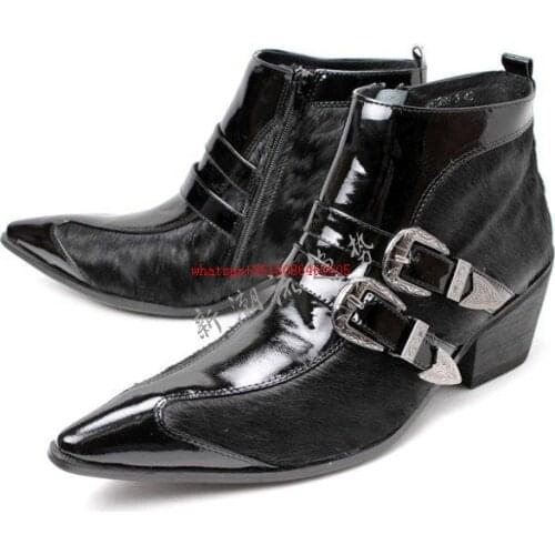Luxury Brand Leather Italian Western High Heels Pointed Toe Studded Cowboy Boots Military Black Punk Shoes Men plus size