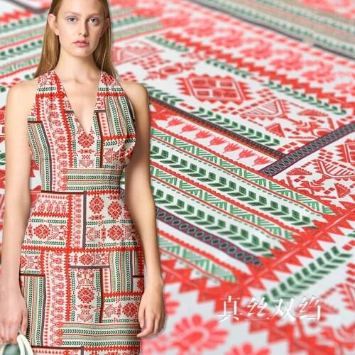 16mm silk crepe advanced inkjet red and green geometric print spring and summer silk fabric dress dress shirt diy fashion cloth