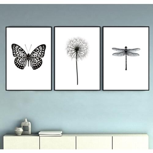 Nordic Dandelion Art Canvas Painting Animal Butterfly Posters HD Prints Black White Wall Picture For Living Room Decor Wallpaper