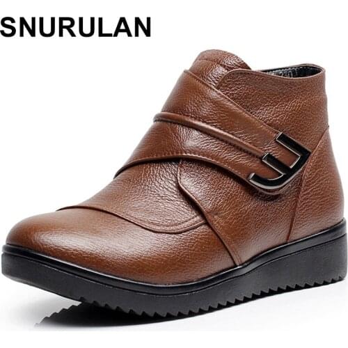 SNURULANNatural Wool Women Boots Genuine Leather Flat Ankle Boots Winter Warm Ladies Shoes Woman Snow Boots Plus Size E470