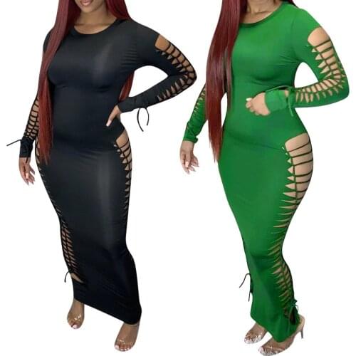 Sexy Tight Bandage Dresses Women Hollow Out Club Dresses Long Sleeve Black Green Bodycon Dresses Night Party Clubwear Clothings