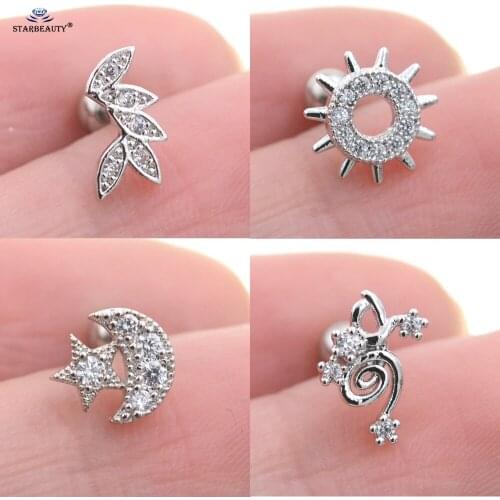 Starbeauty 2Pcs Zircon Inlaid Moon Star Tragus Piercing Stud Helix Cartilage Leaf Sun Conch Earrings Nose Ring Lobe Ear Jewelry