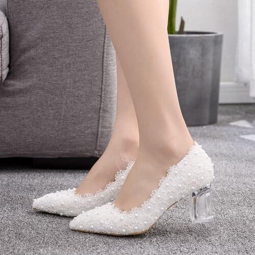 White Lace Pearl Wedding Shoe Bride Clear Heels Crystal Pumps Evening Party Womens Shoes Square Heel High Heels Plus Size 35-41