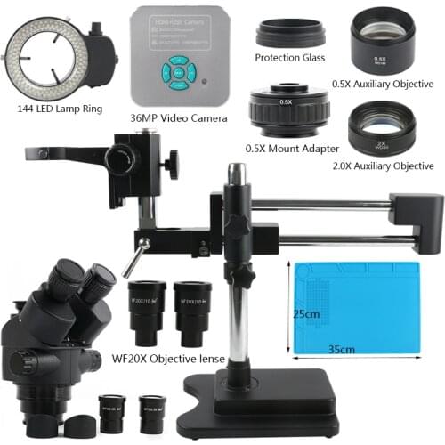 3.5X 7X 45X 90X Simul Focal Double Boom Stand Stereo Trinocular Microscope + 1080P 36MP HDMI USB Video Camera For Phone SMD PCB