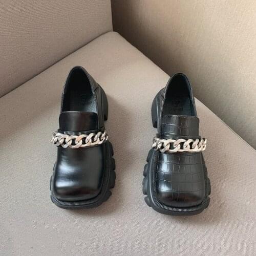 Retro Platform Loafers Harajuku Big Head Doll Shoes Casual Creepers Fashion Shoes Fall Mules Shoes Women Gold Chain High Heels