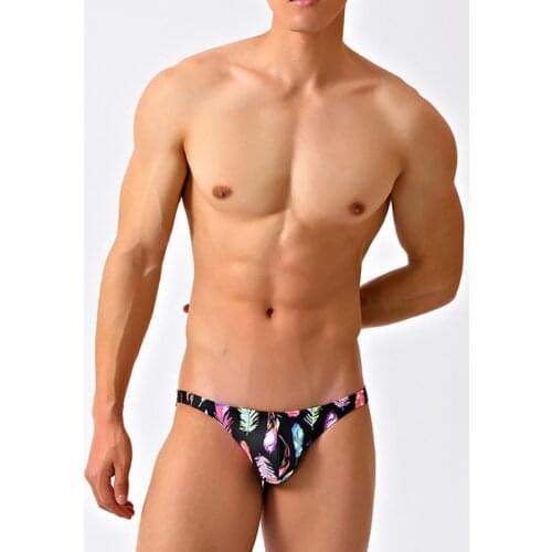 WD209 Black feather printing swimsuits men swimwear Sexy Super Low Waist Swimsuit Bikinis Beach Swim Briefs Small Size
